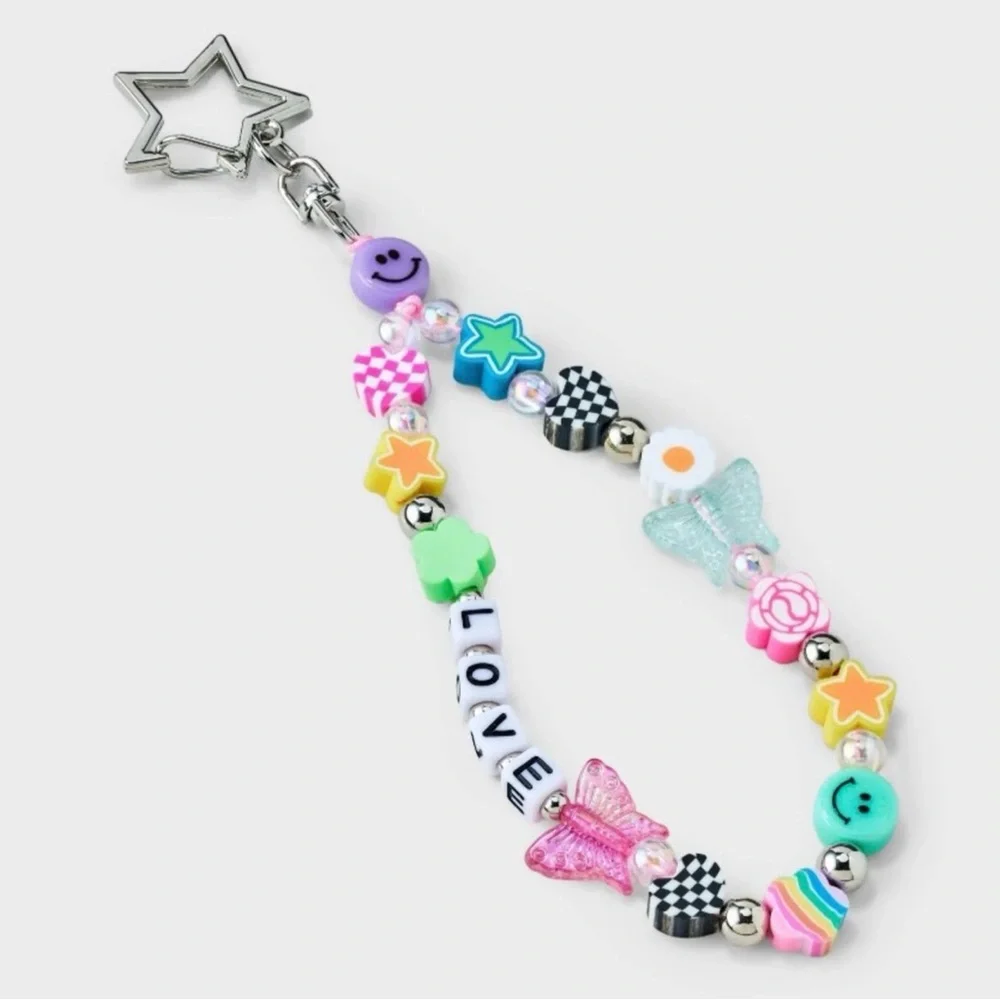 Art Class beaded bag charm/key chain smiley face, a checkered heart spell LOVE